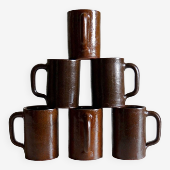 6 mugs terre cuite pyritée vintage