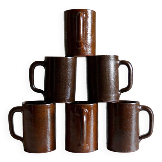 6 mugs terre cuite pyritée vintage