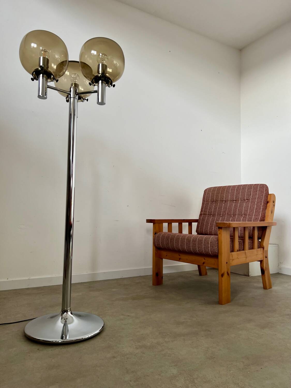 Old 3-light chrome and smoked glass floor lamp Italian design from the 70s vintage