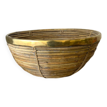 Panier circulaire en rotin et laiton, Italie, années 1970, 39 cm de diamètre