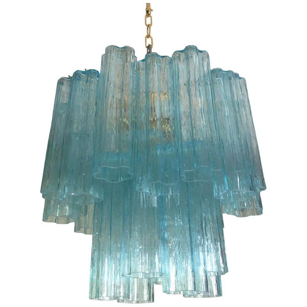 Light blue “tronchi” murano glass chandelier