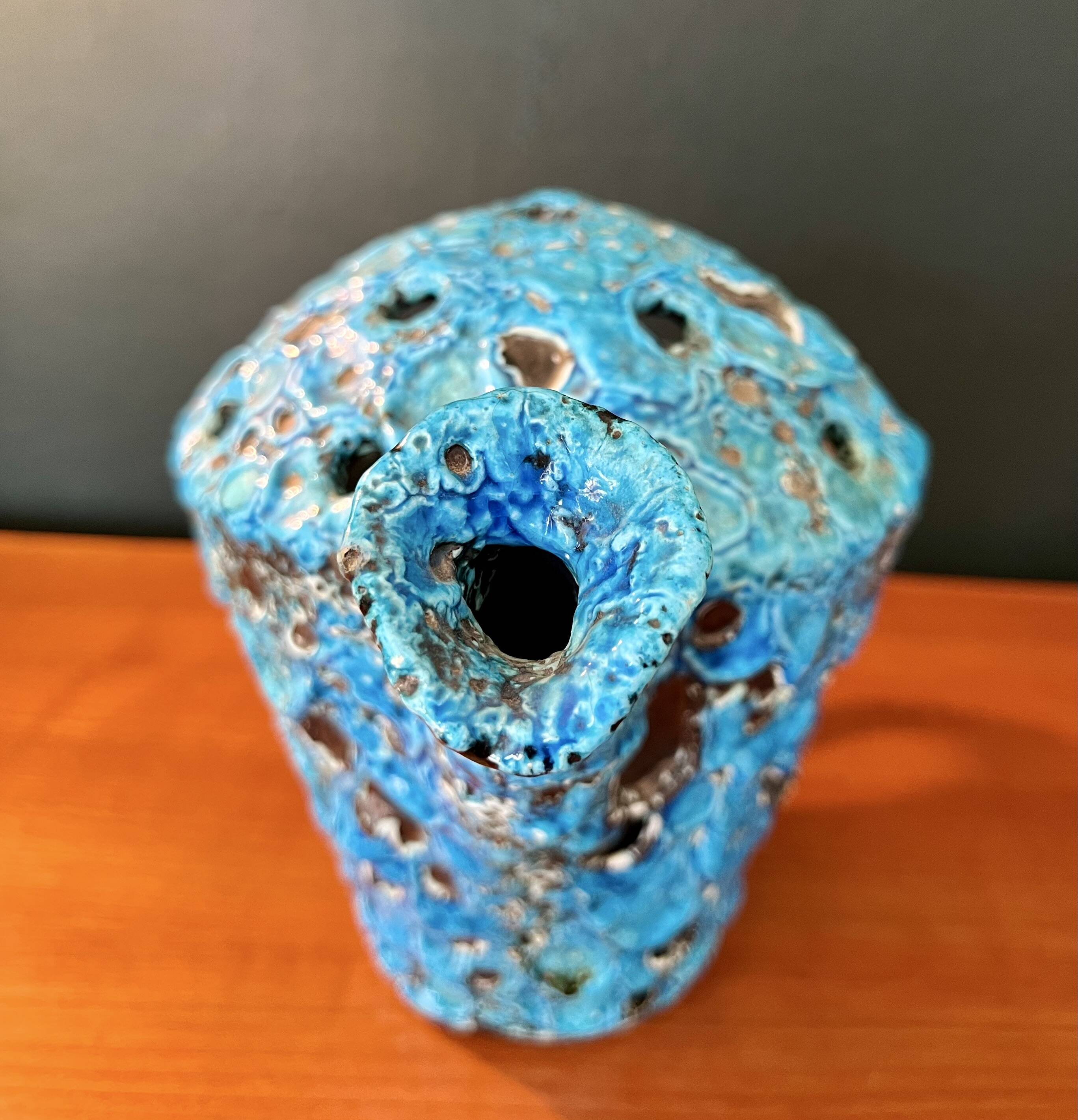 2 vases by charles cart in turquoise blue fat lava cyclops, 1960s, glacier enamels cyclops