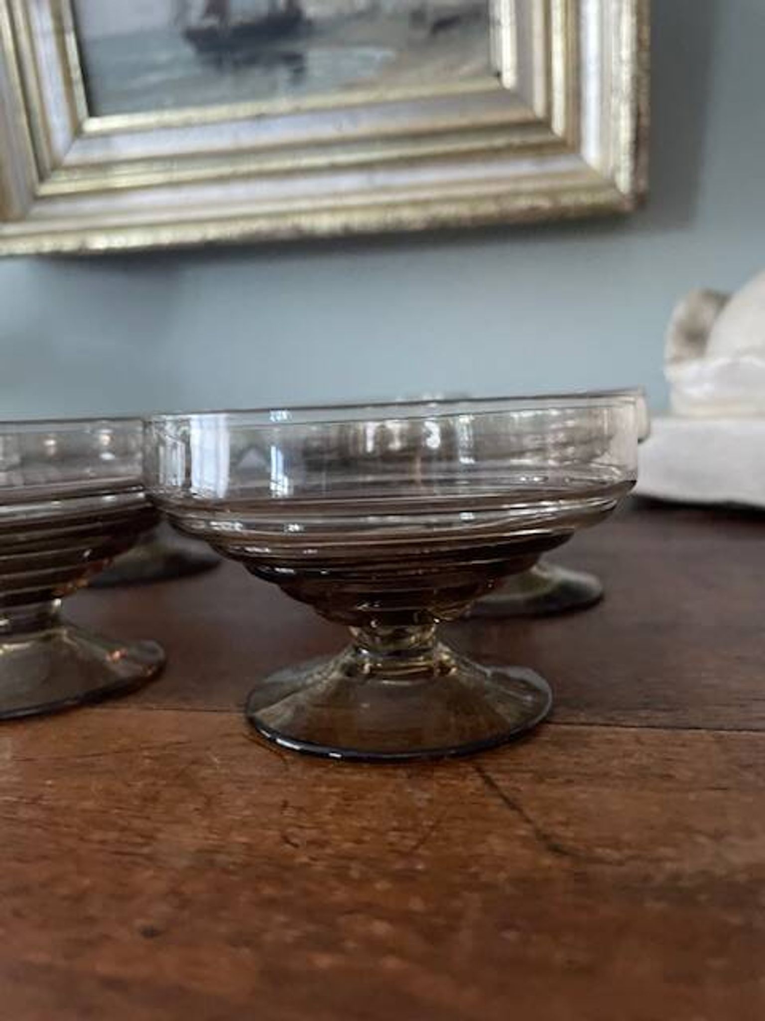 6 vintage ice cream coupes, blown glass brown fruit