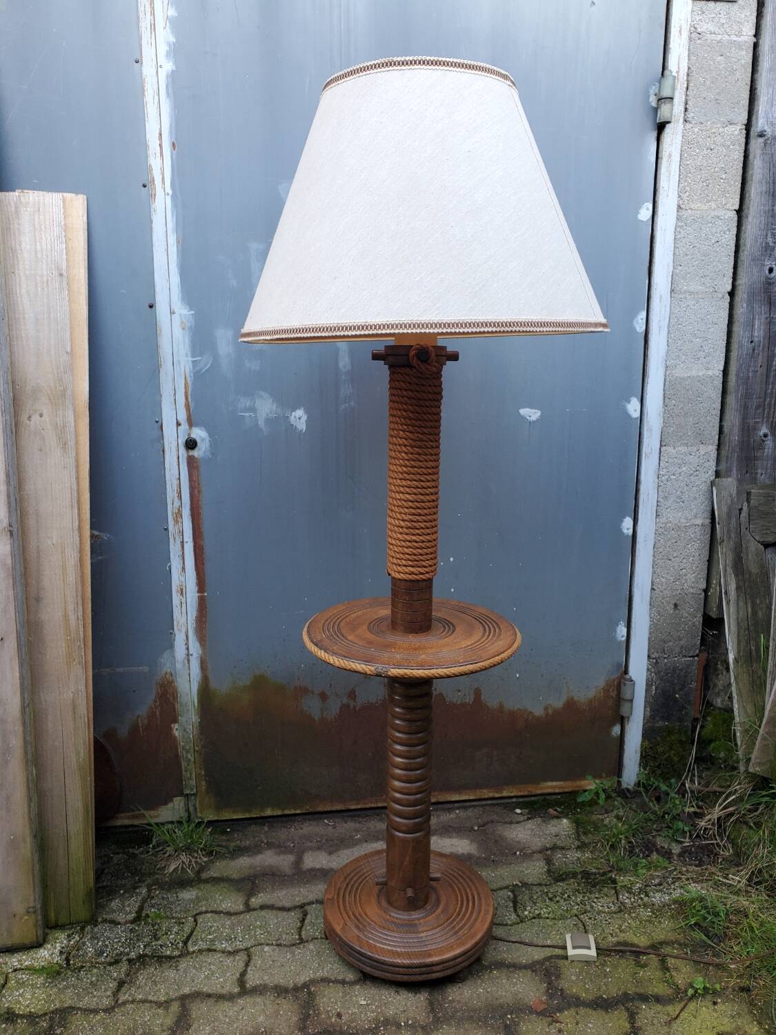 Turned wood and rope floor lamp in the Charles Dudouyt style
