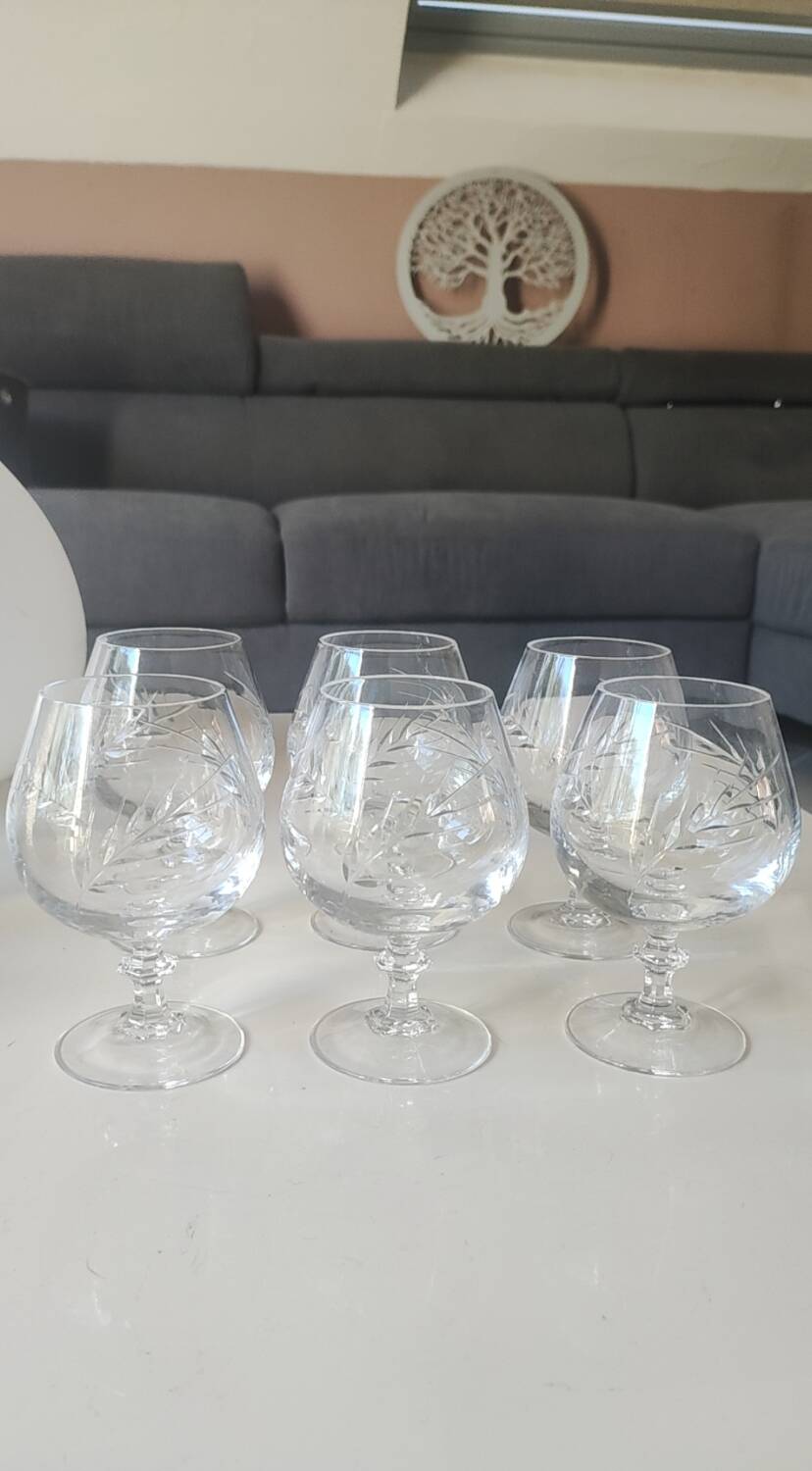 Lot 6 Verres Cognac/Cristal Arques. Model Fleury engraved with Wheat Ears.