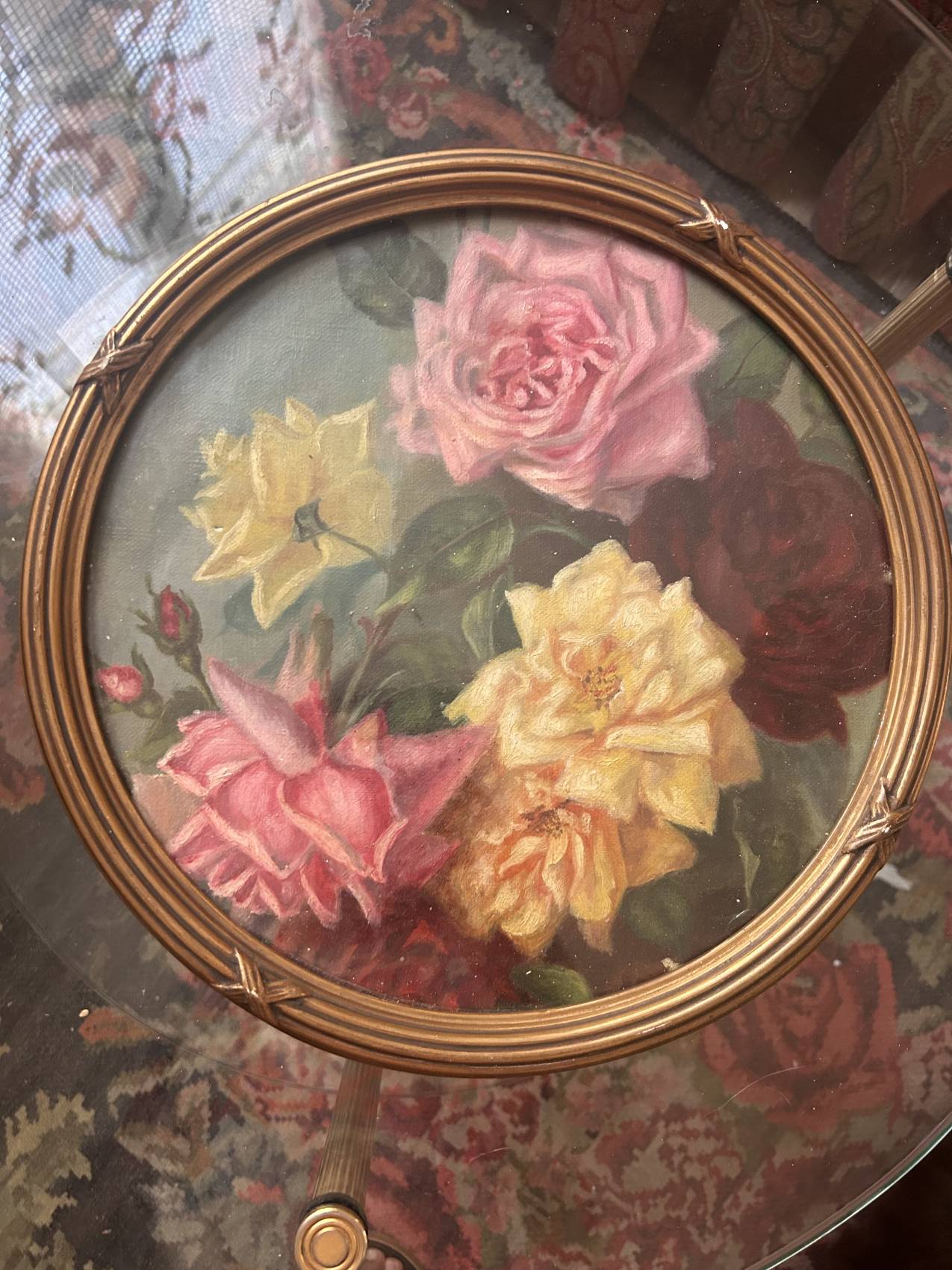 Antique painting of a bouquet of roses, 1900s – glass painting and Louis XVI gilded frame.