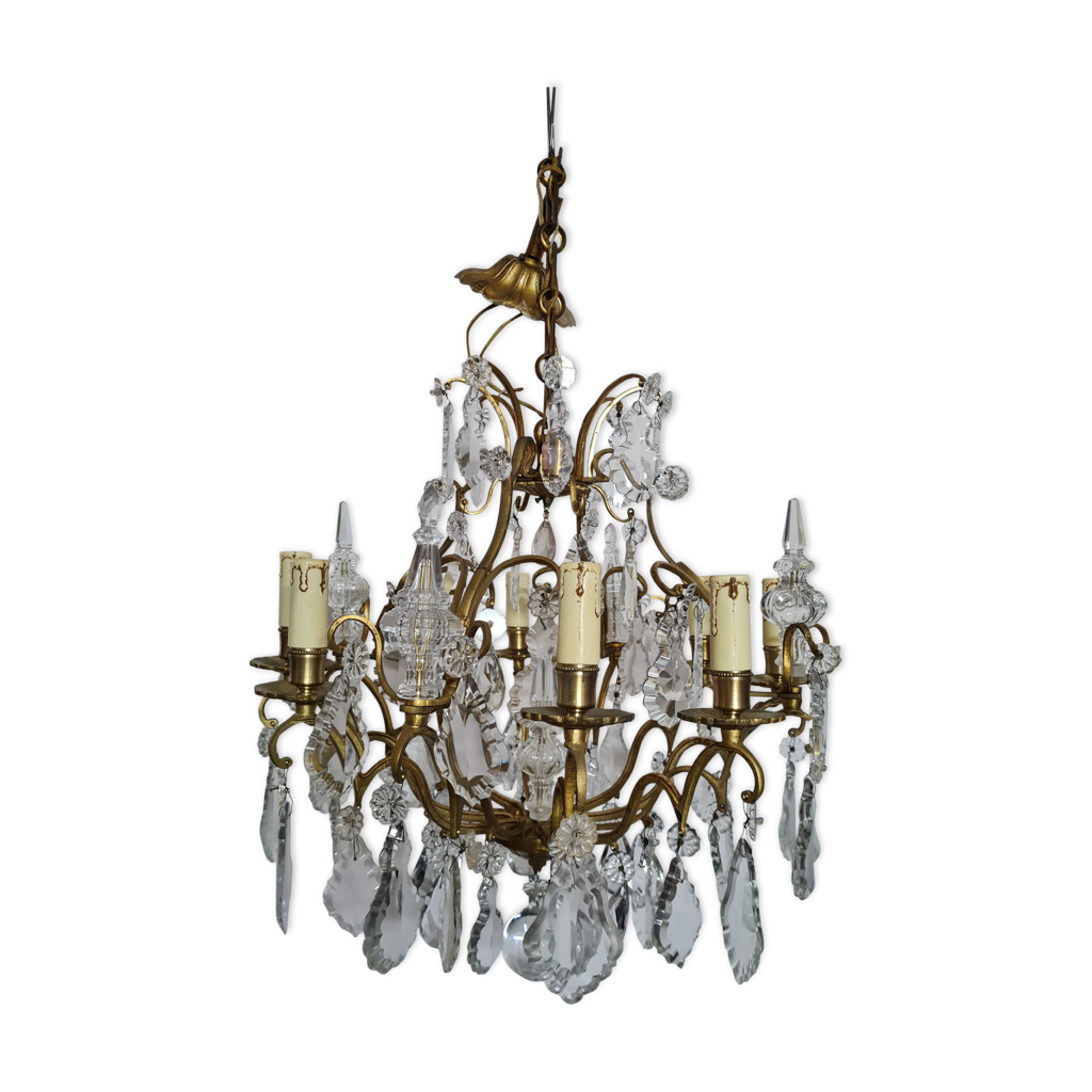 Petit Lustre Ancien à Pampilles – 3 Feux – Manque Quelques Pampilles