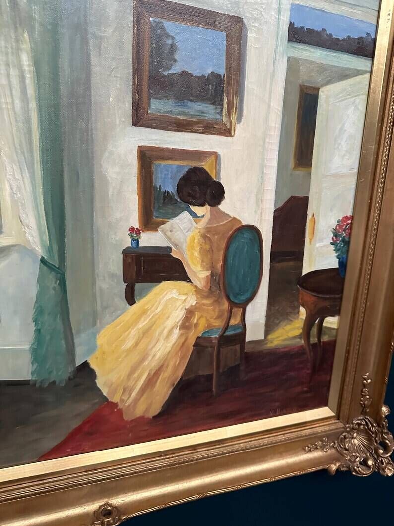 Large Original Swedish Oil on Canvas – “Interior with Reading Woman” by V. Hansen – Signed – Vintage & Framed