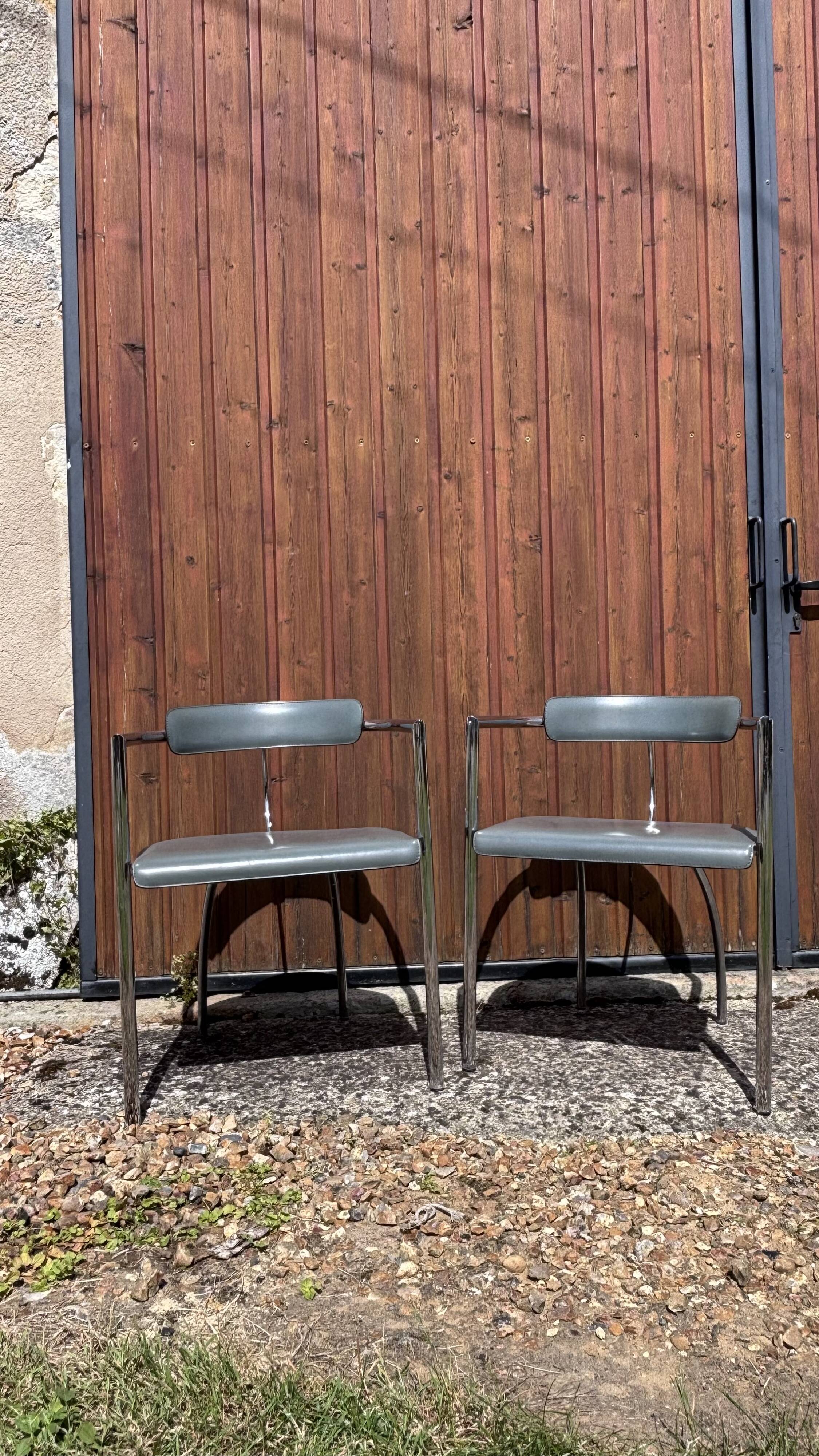 Pair of vintage chrome & grey faux leather armchairs – 1970s design