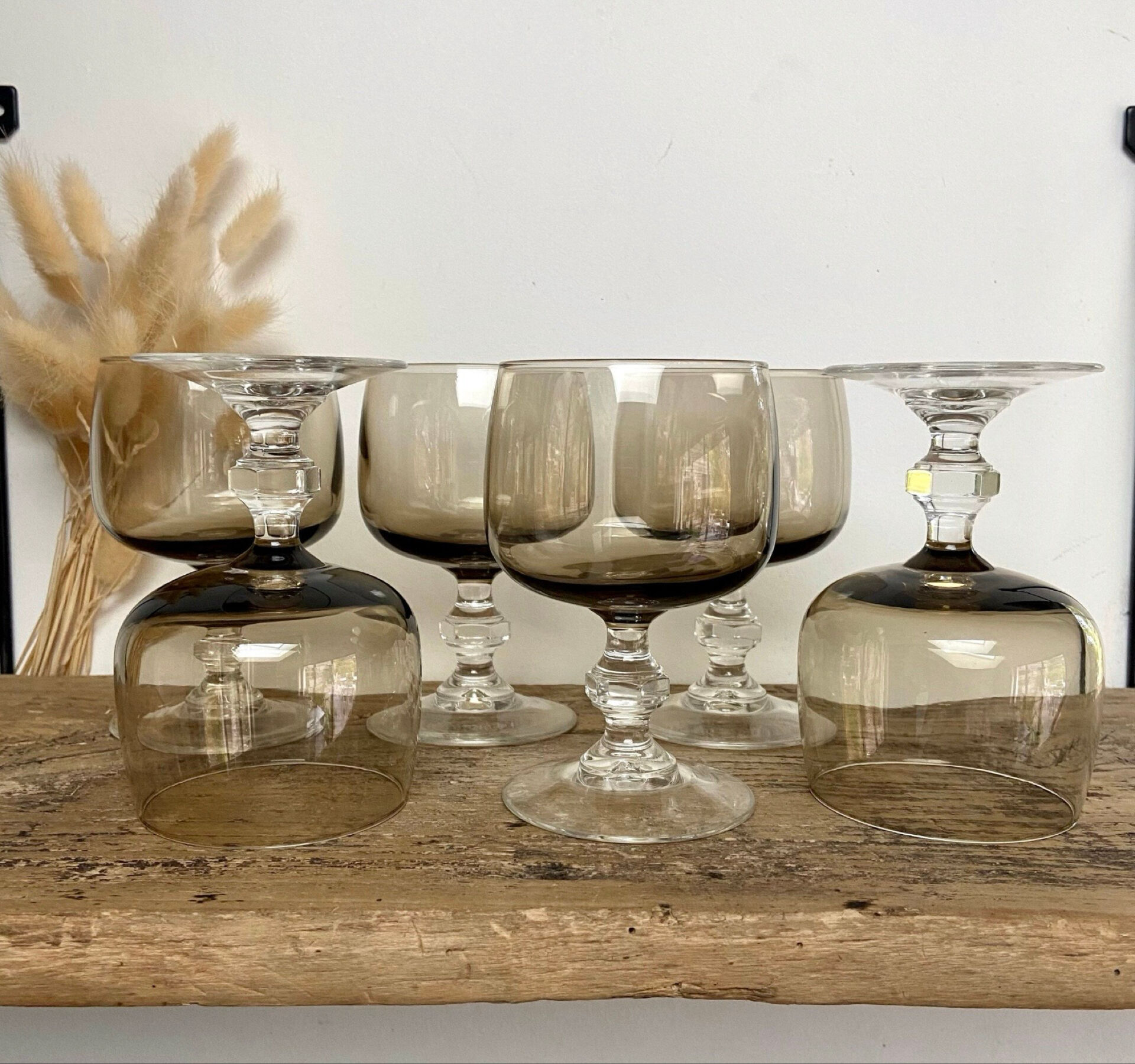 6 vintage smoked stemmed glasses
