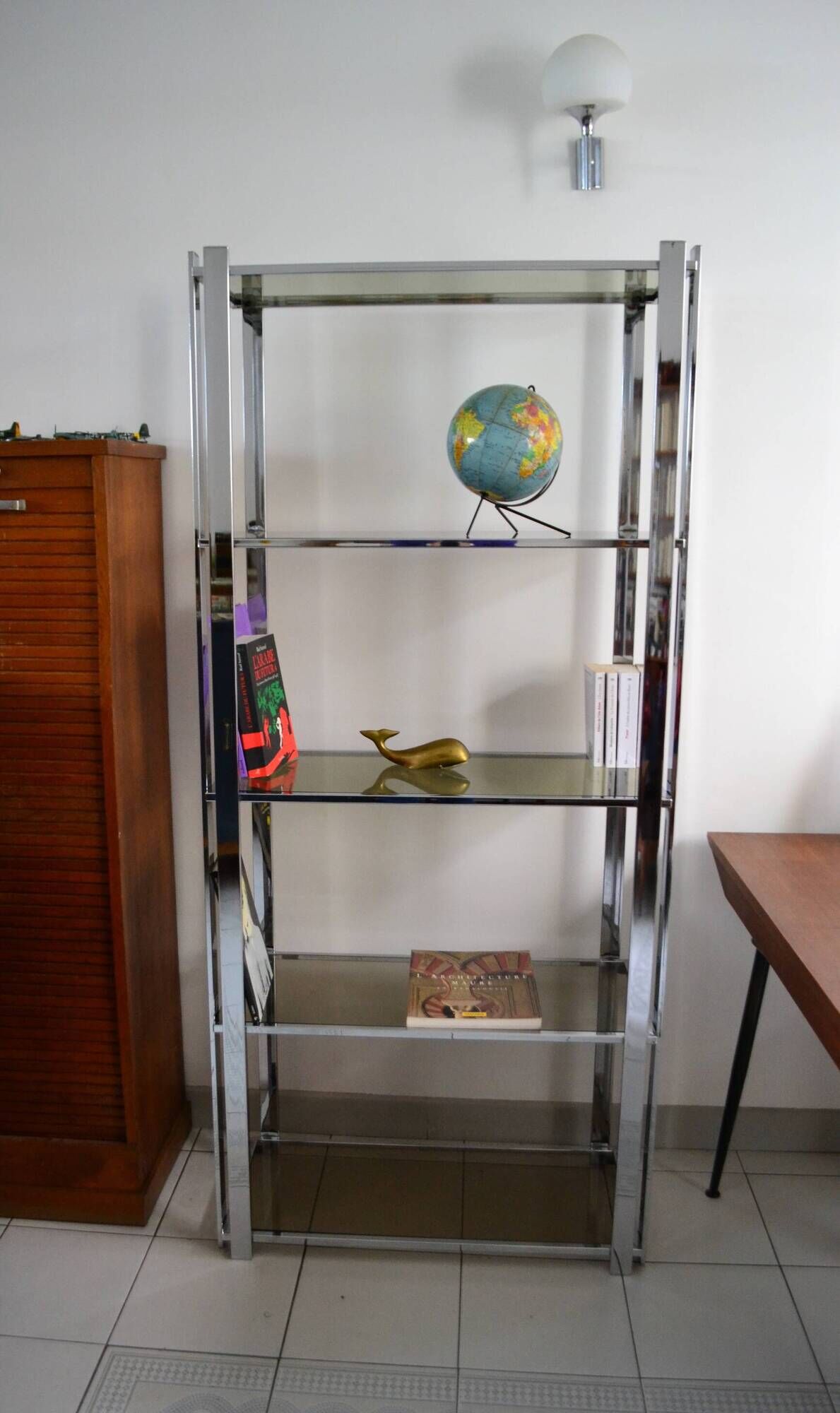 1970s smoked glass chrome bookshelf