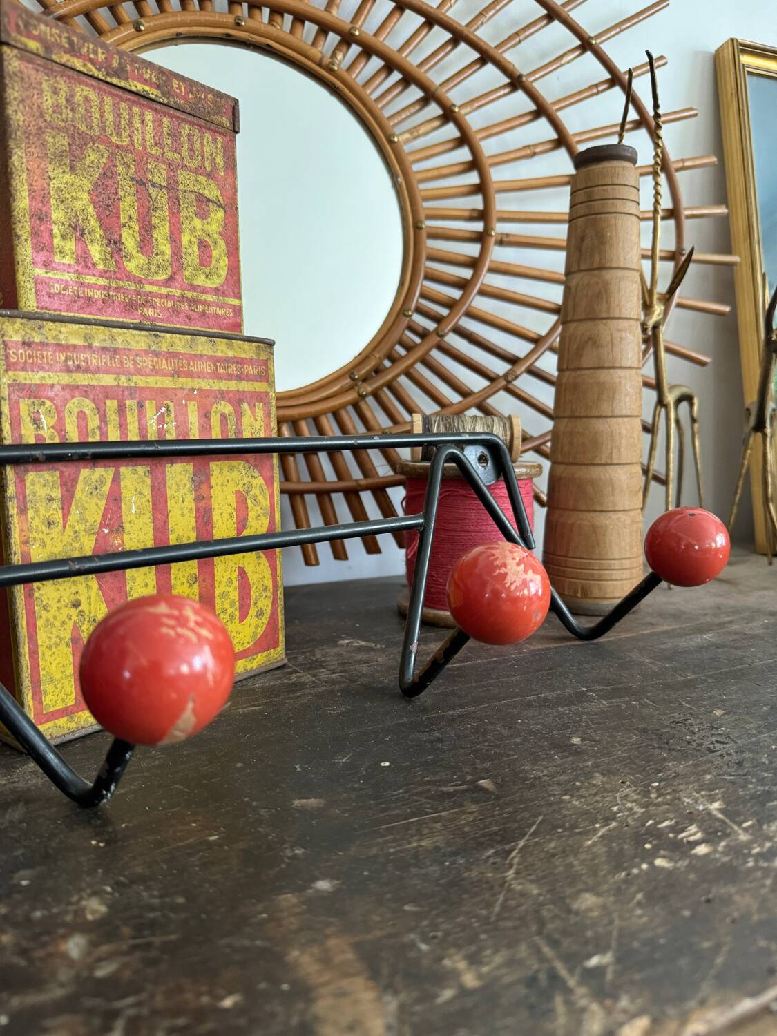 Wall coat rack with vintage red balls