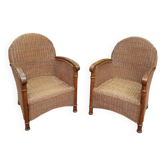 2 antique rattan and wood armchairs