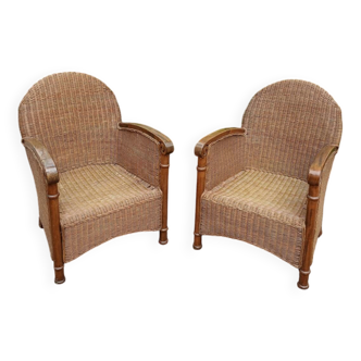 2 antique rattan and wood armchairs