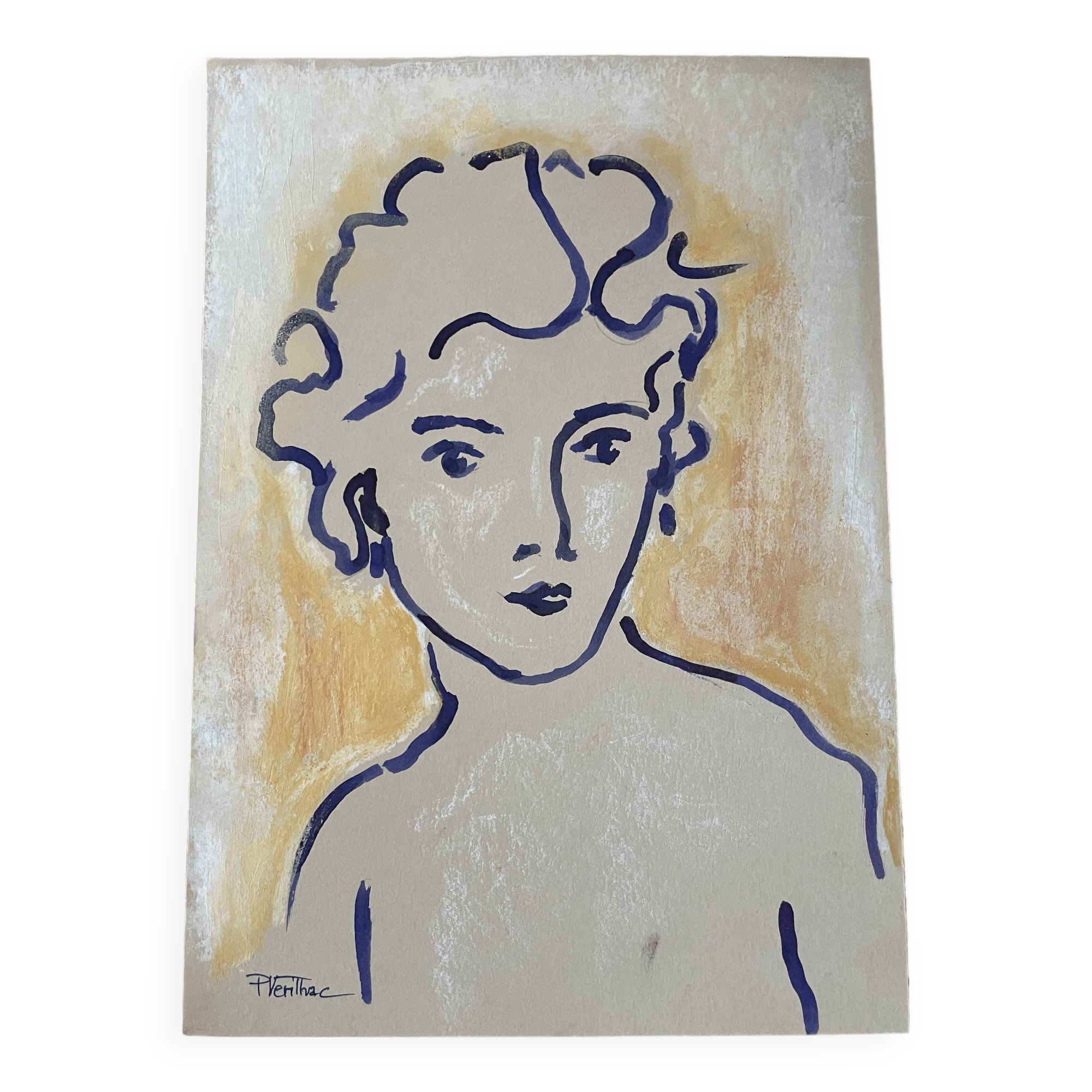 Painting signed Chinese ink and pastel female portrait “study”