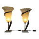 Large Jugendstil floor / table lamps, Roberto Galli, stone base with Italian glass shade