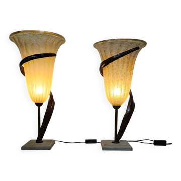 Large Jugendstil floor / table lamps, Roberto Galli, stone base with Italian glass shade