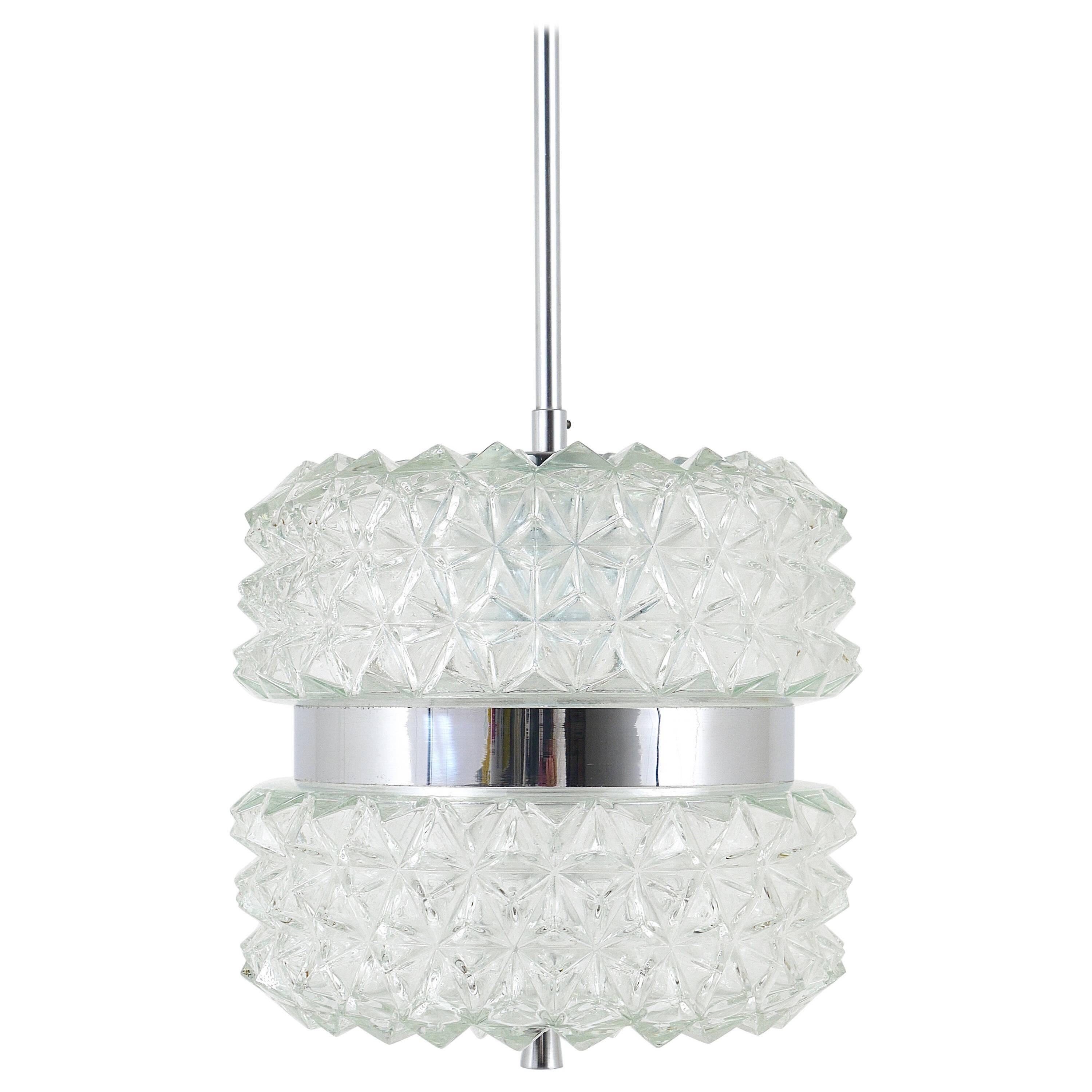 Faceted glass suspension light in chrome style by Karl Fagerlund from the 1960s.
