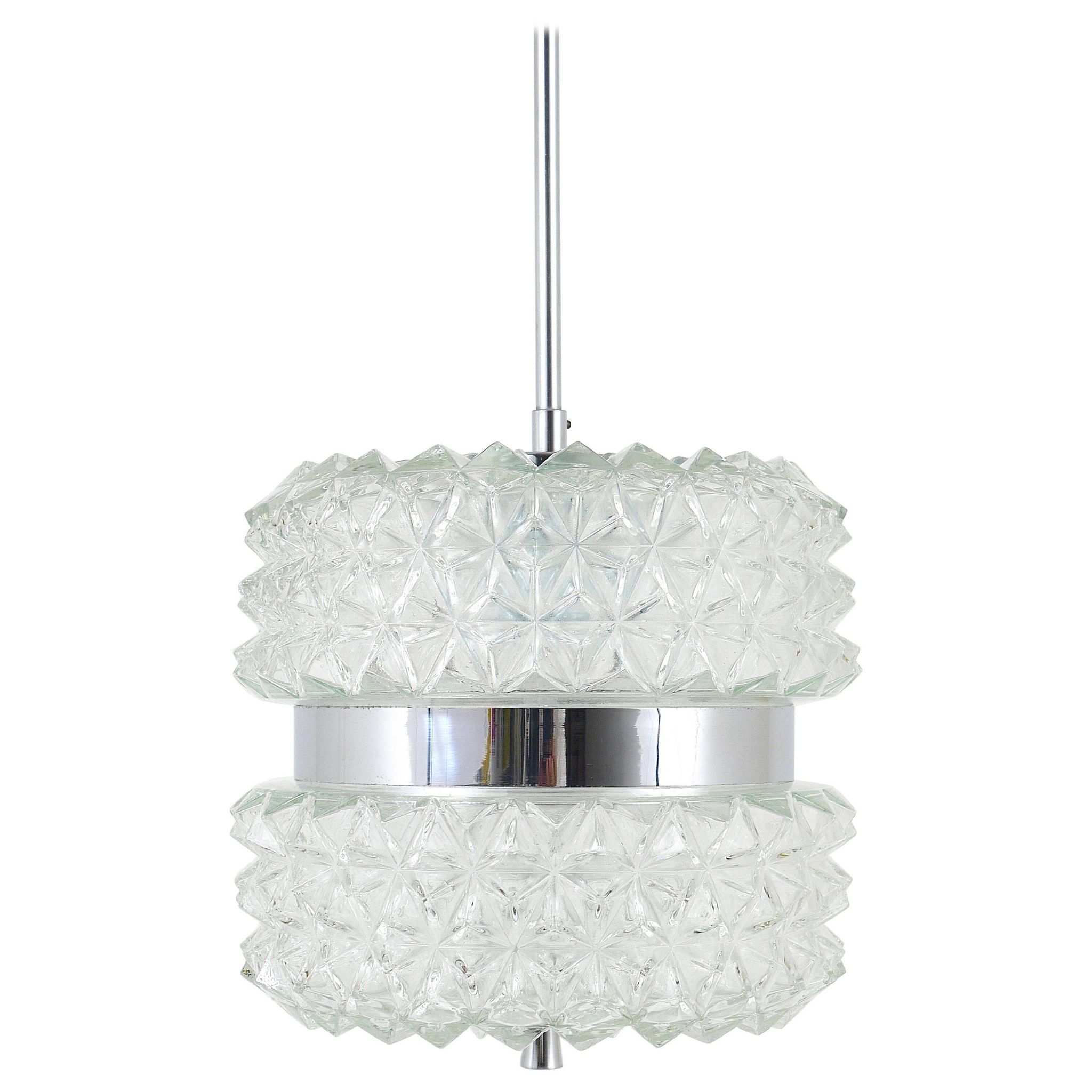 Faceted glass suspension light in chrome style by Karl Fagerlund from the 1960s.