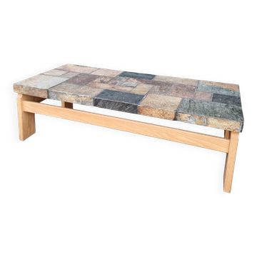 Van Bennekom slate & oak coffee table, Netherlands, 1970s – Kingma style