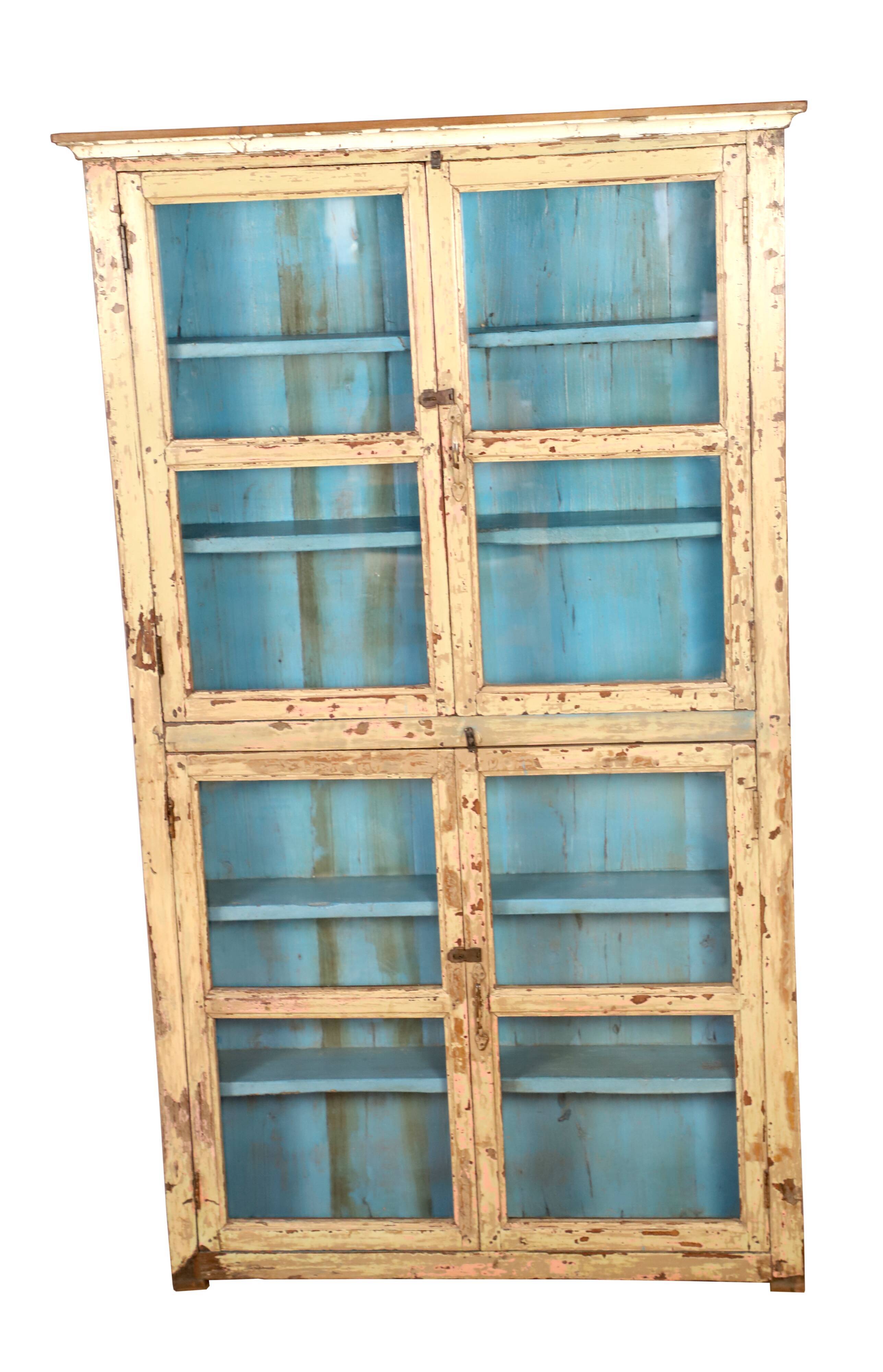 Burmese teak showcase with original beige & blue patina