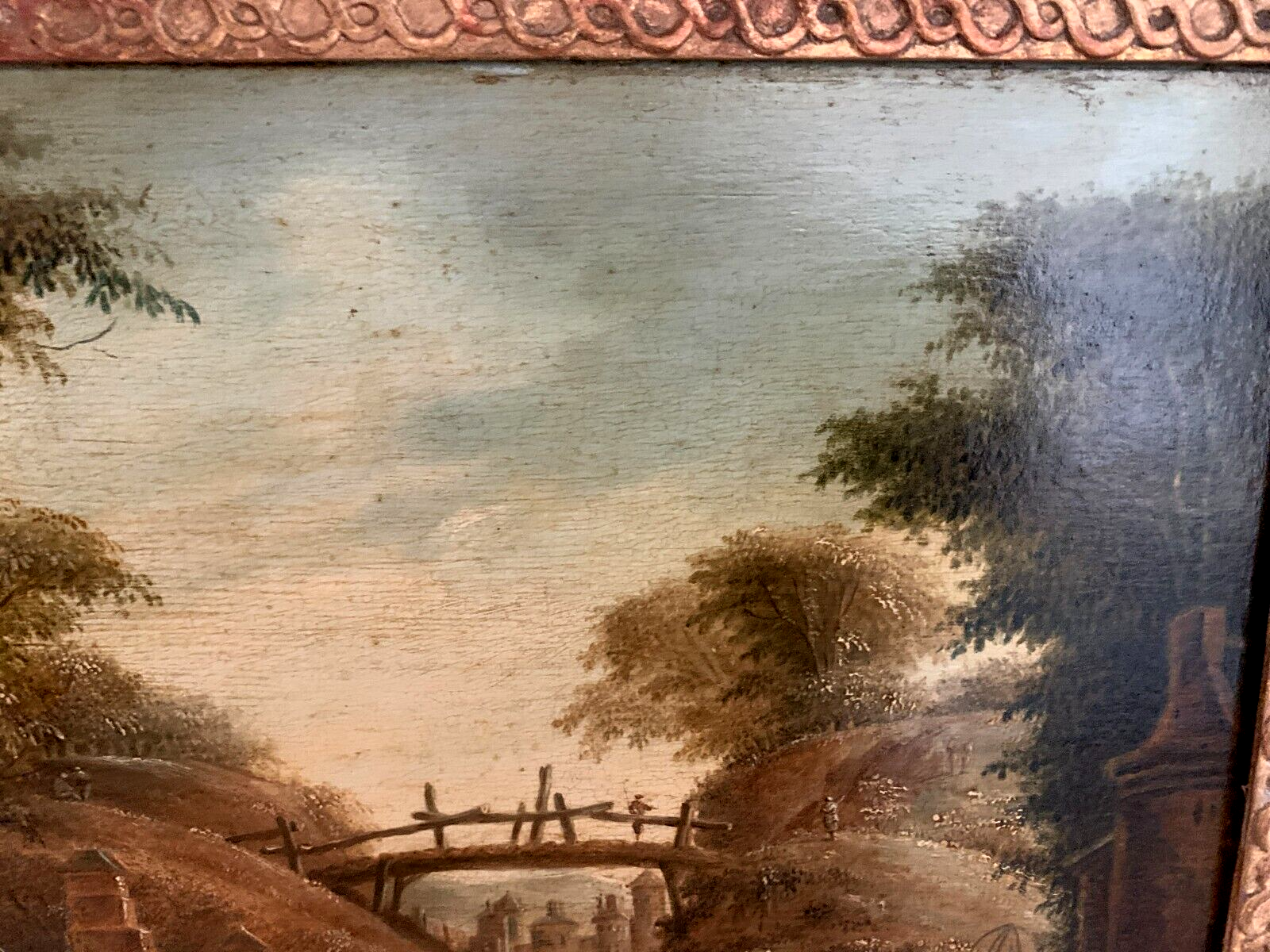 Oil on oak panel animated landscape xix century