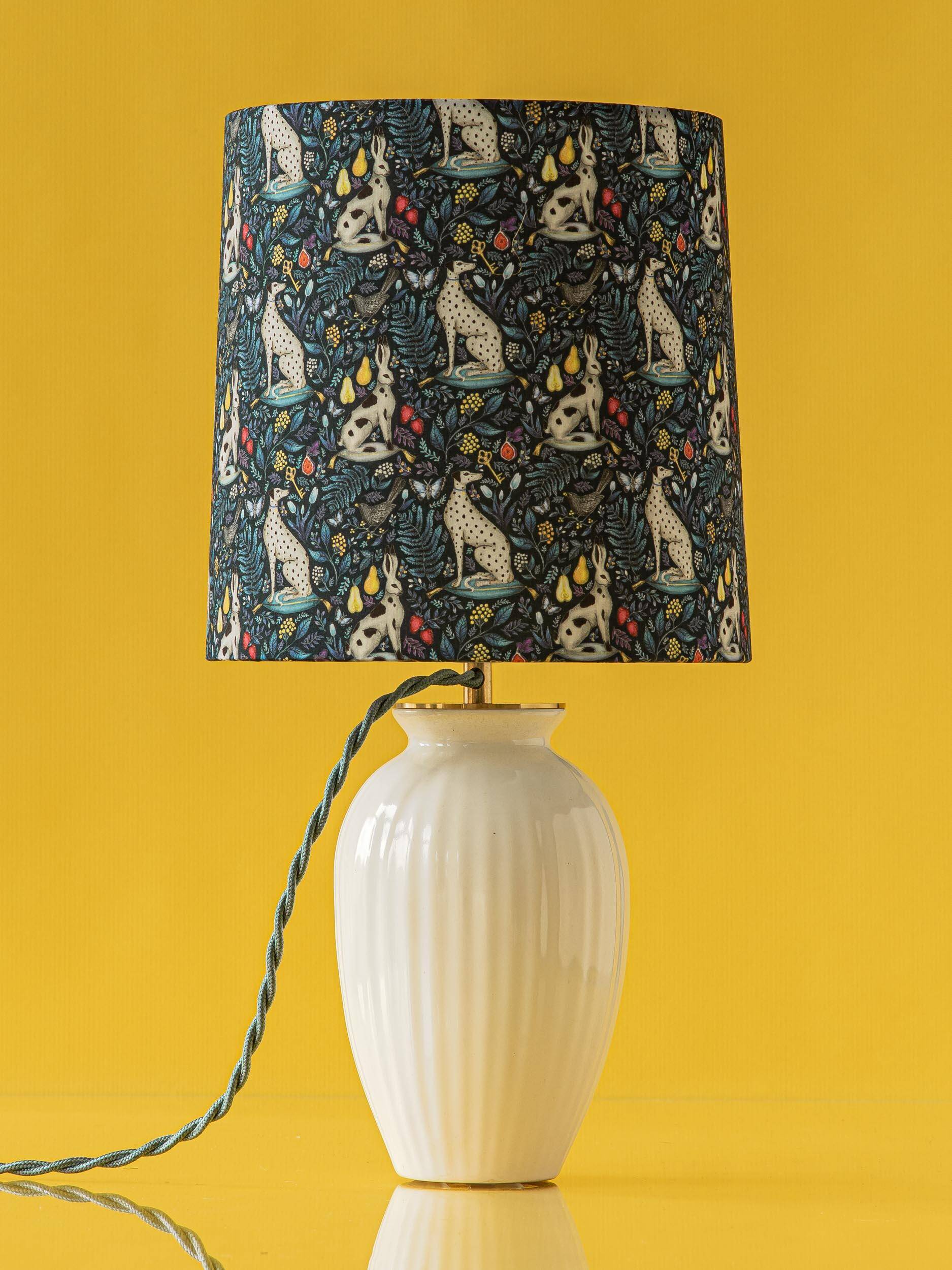 Royal Delft white ceramic table lamp with Liberty London shade, 1930s.