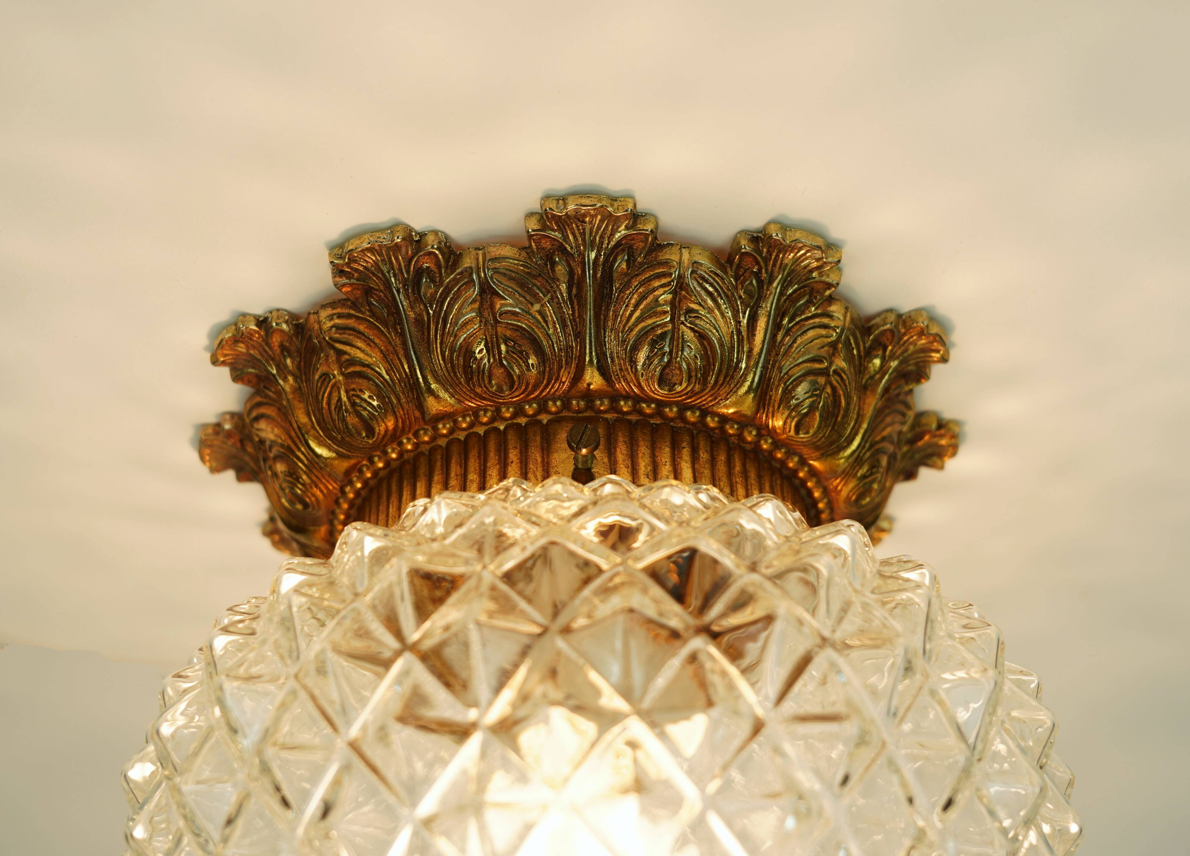 Midcentury ceiling light massive belgium textured glass gold-plated alu 70s
