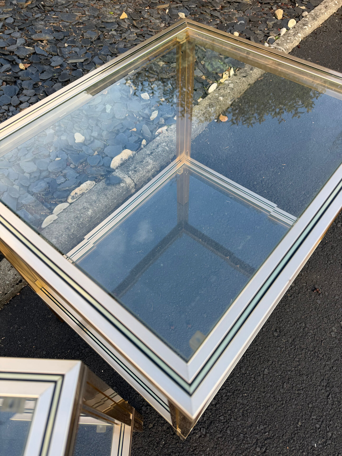 Pair of side tables Pierre Vandel Paris, gold metal and glass, year