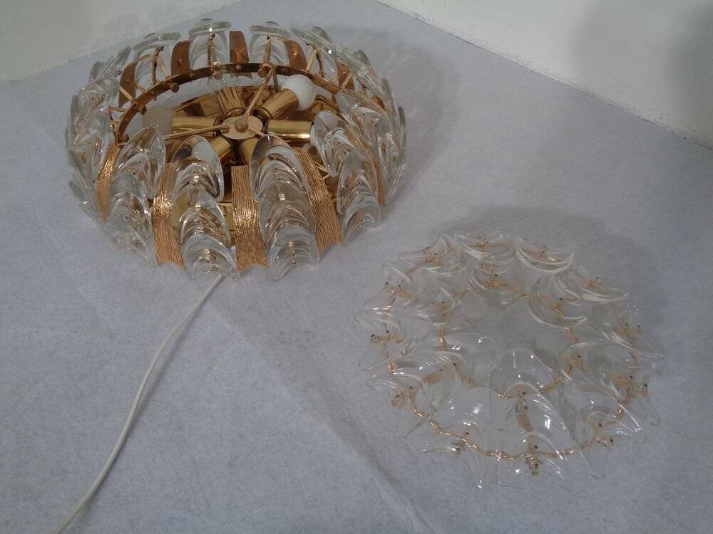 Large gilded brass and crystal glass ceiling lamp by Ernst Palme for Palwa, 1960s