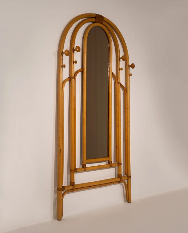 Miroir en rotin Malacca et porte-manteau, années 1960