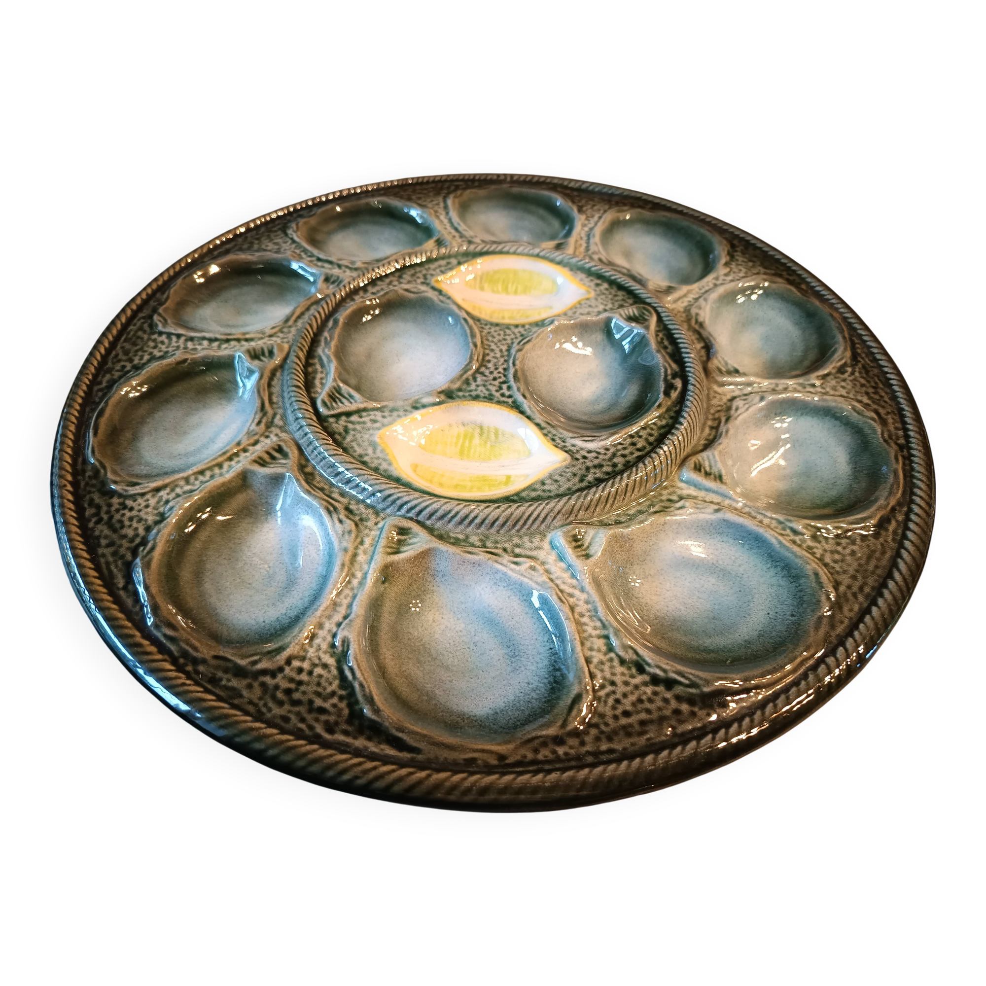 Vintage earthenware oyster set - Saint Clement, 1 dish + 6 plates
