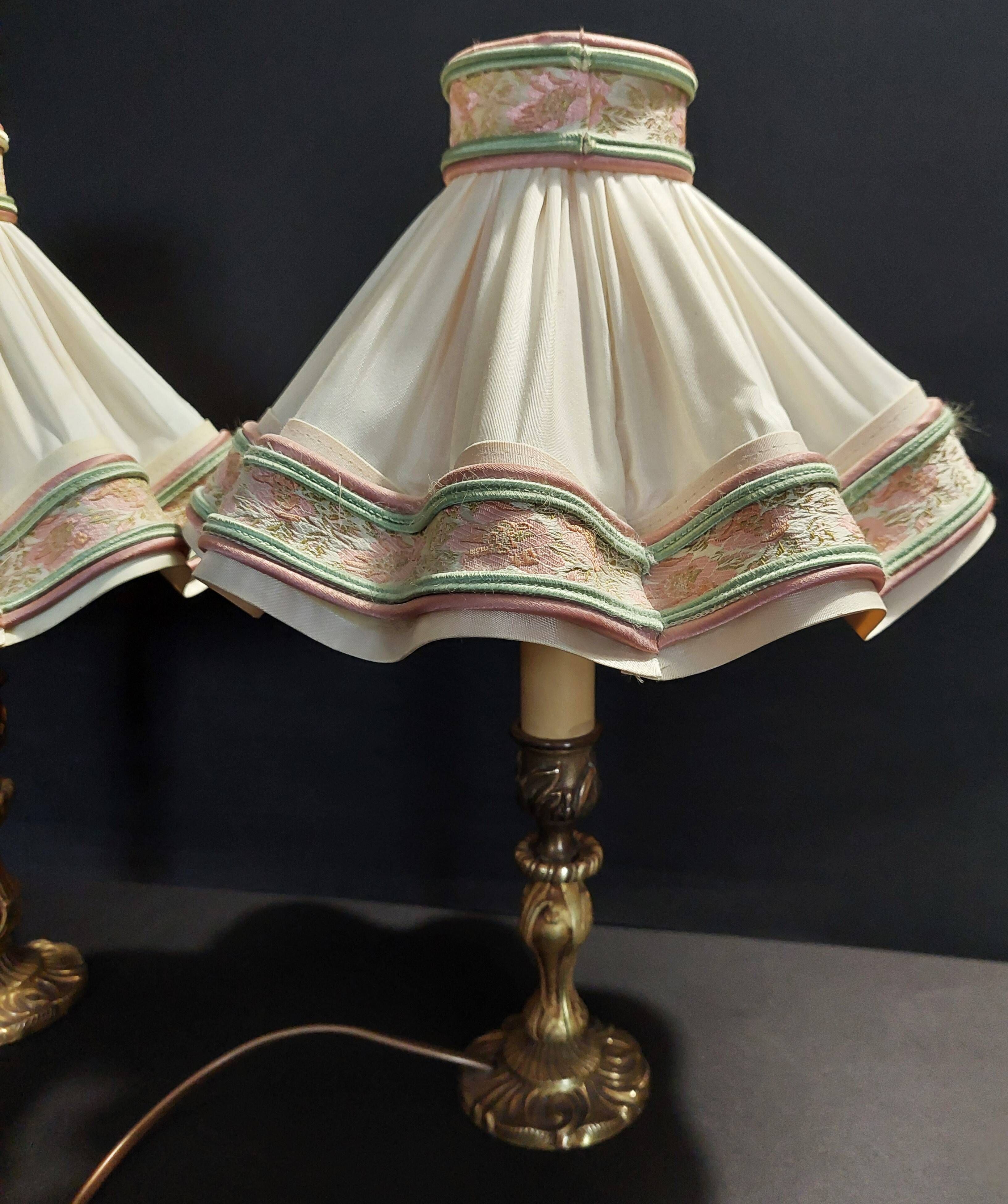Pair of vintage bedside lamps with brass petticoat shades, 20th century