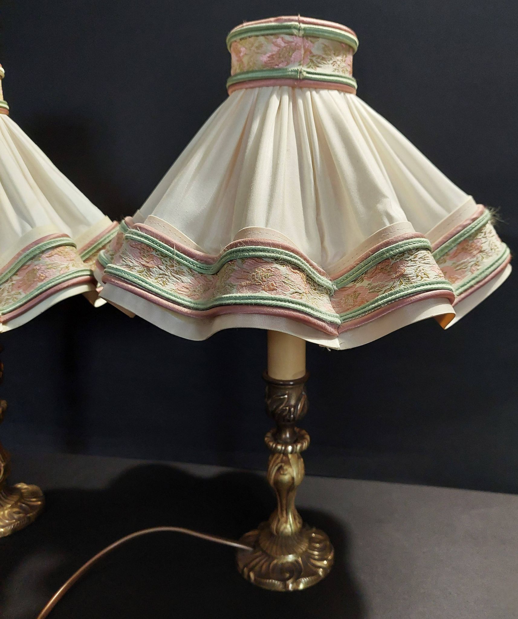 Pair of vintage bedside lamps with brass petticoat shades, 20th century