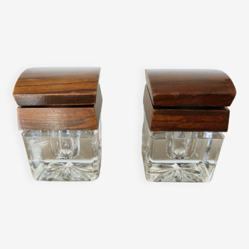 Pair of glass and rosewood inkwells 20s 30