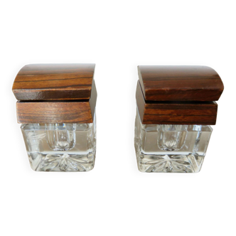 Pair of glass and rosewood inkwells 20s 30
