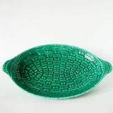 Grand plat en barbotine modèle bambou tressé vert, 1970