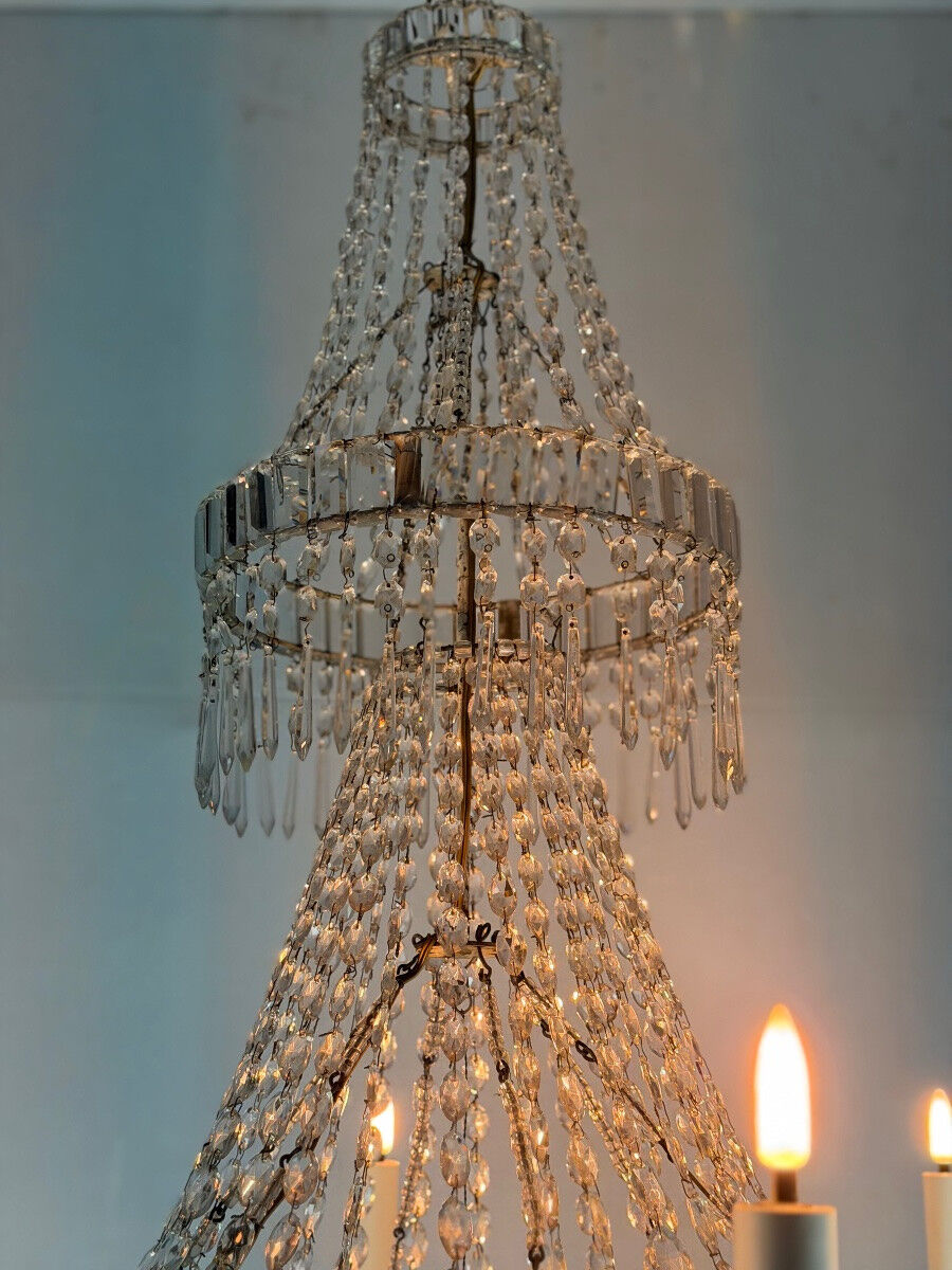 Beaded bag chandelier, six lights, circa 1800