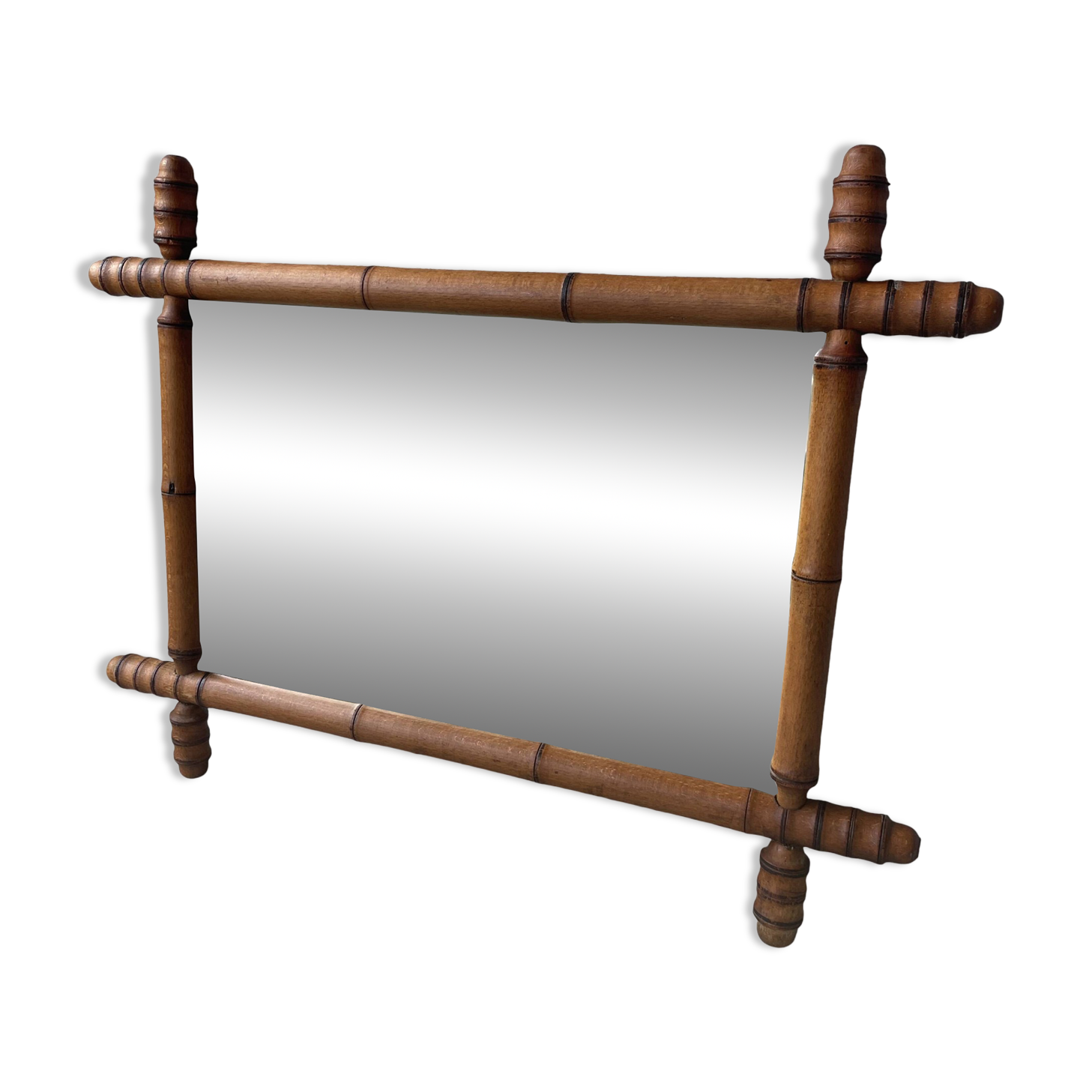 miroir ancien en bois tourné imitation bambou 1940