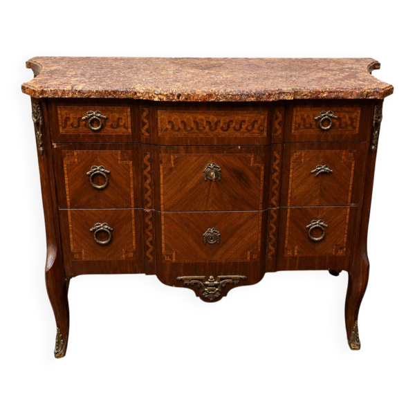 Commode galbée de style Transition marquetée et plateau en marbre