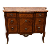 Commode galbée de style Transition marquetée et plateau en marbre