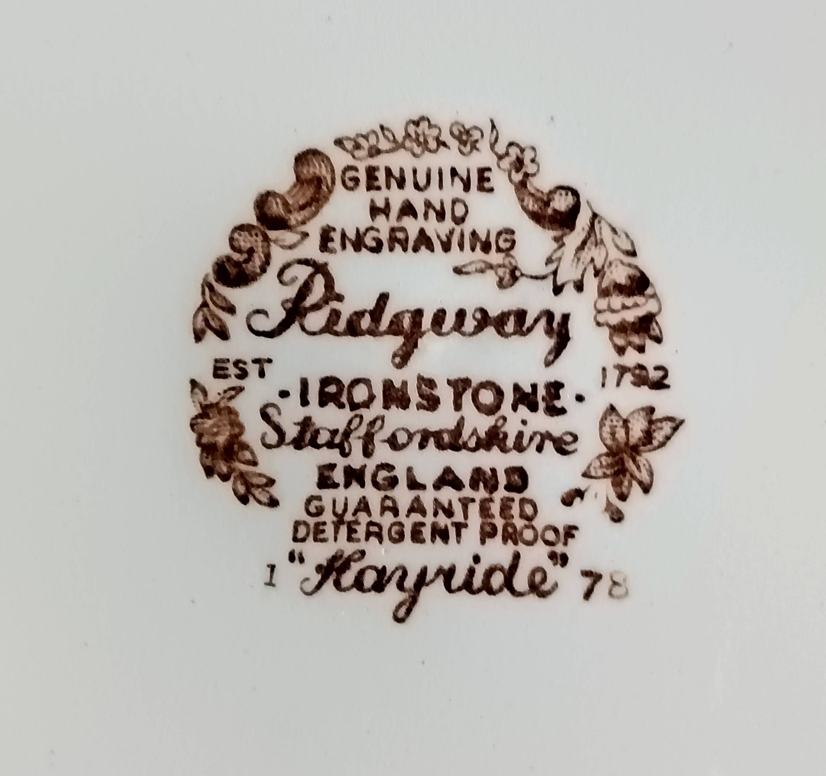 6 Ridgway "Hayride" brown and white dessert plates, Staffordshire Iron