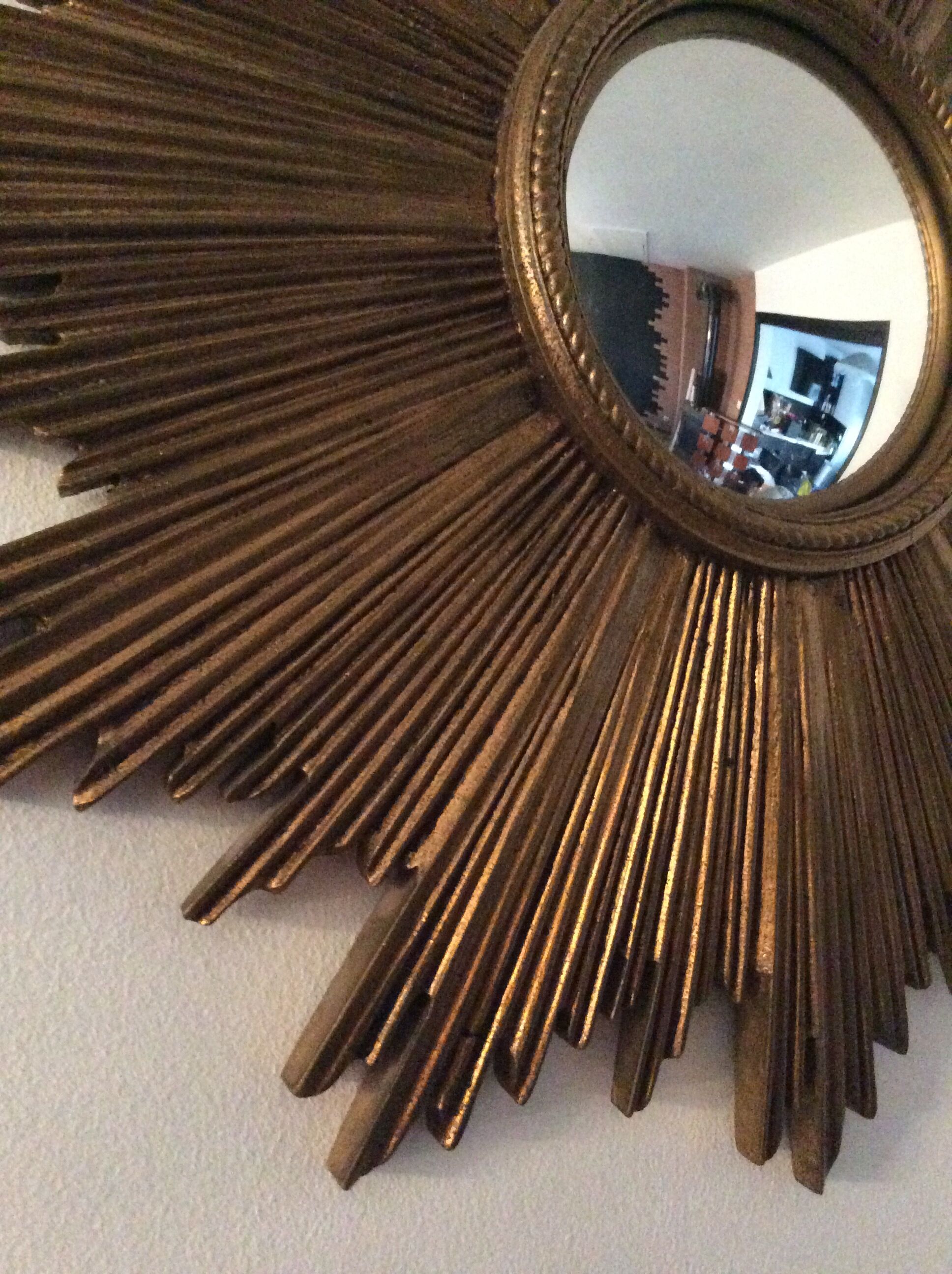 Golden wooden witch eye sun mirror, 60s