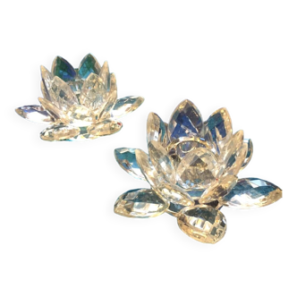 Pair of crystal candle holders in the shape of water lilies table art