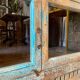 Sideboard 4 shelves and 2 glass doors in blue wood
