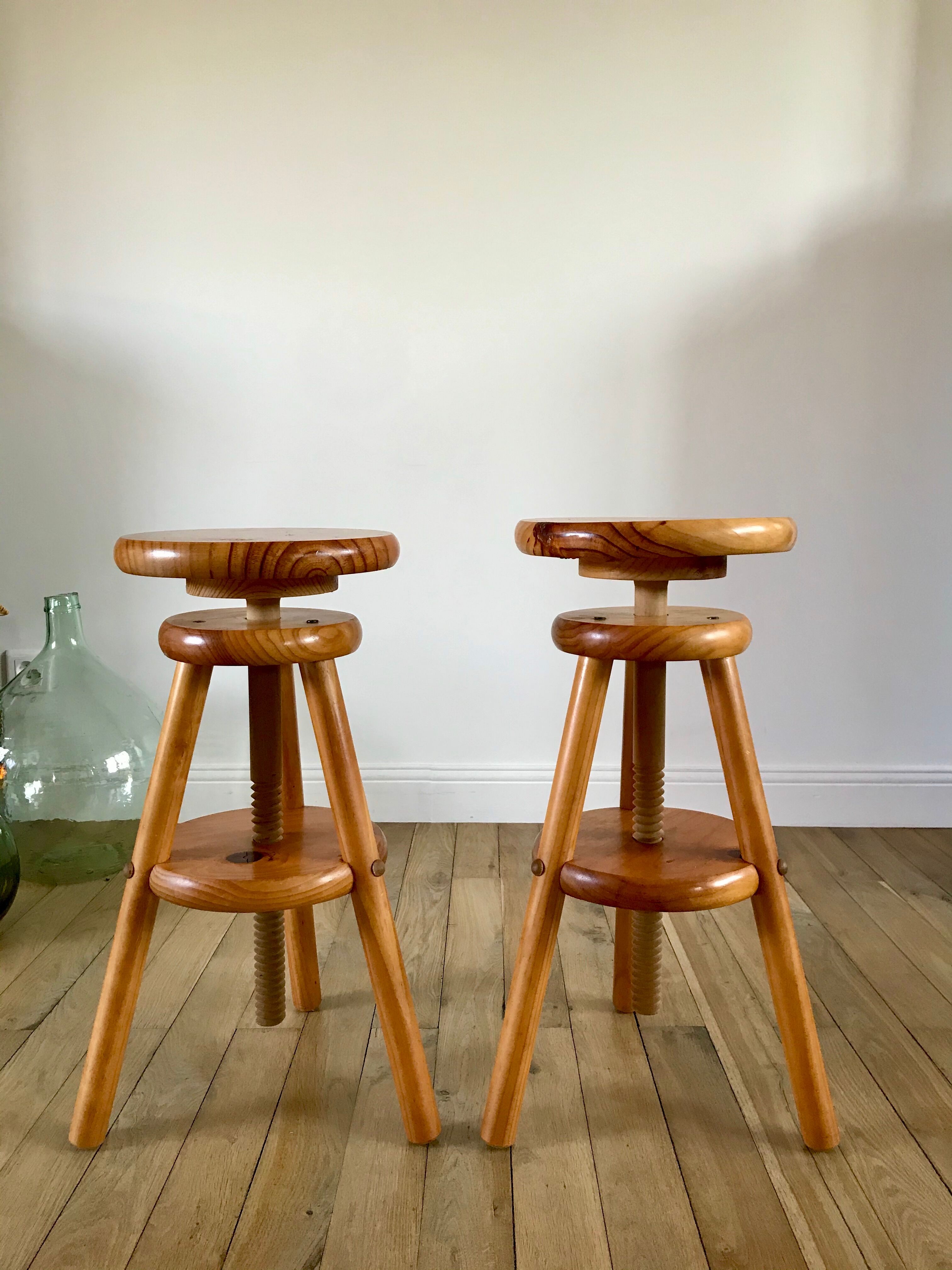 pair of adjustable architect stools pine style 60s