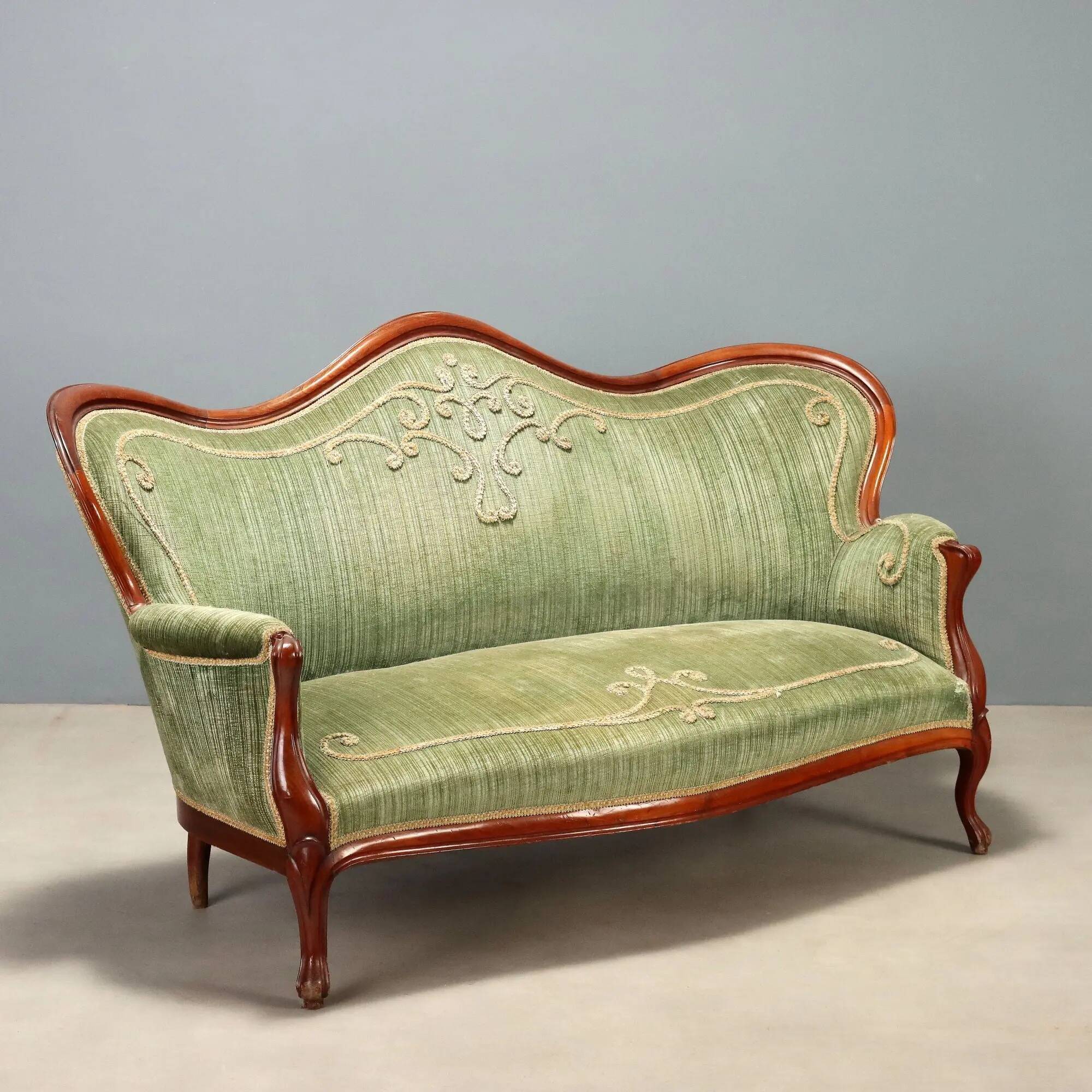 Antique Louis-Philippe canapé in mahogany and velvet, Italy, 19th century