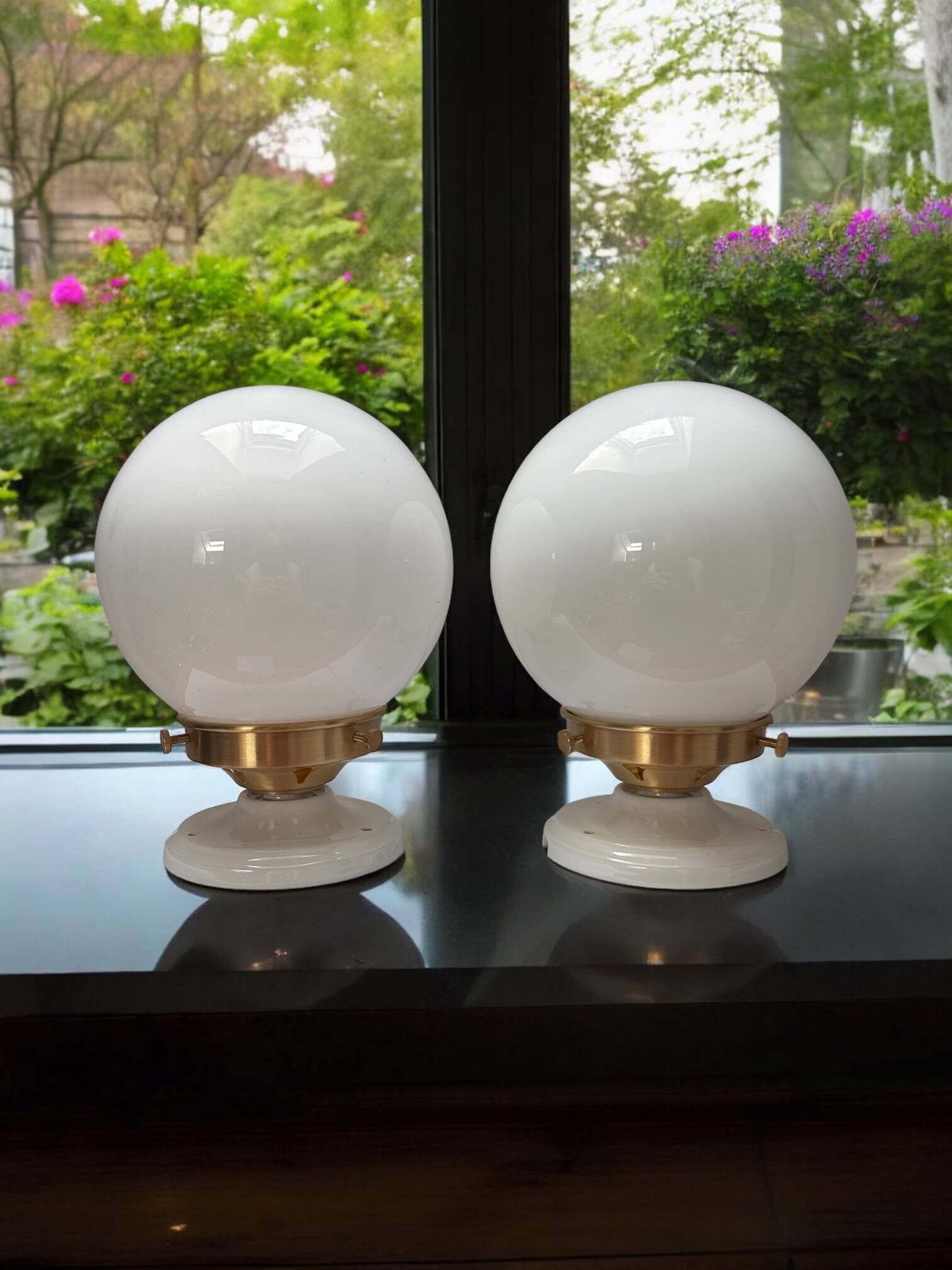 Set of two white opaline ball wall lights