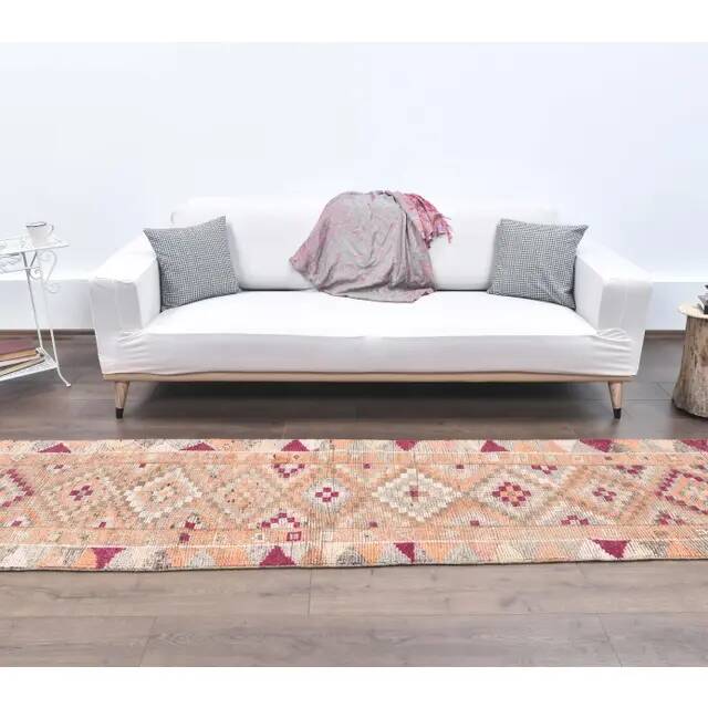 2'5x12'8 Vintage Orange Geometric Turkish Hand-Knotted Runner Rug 77x390