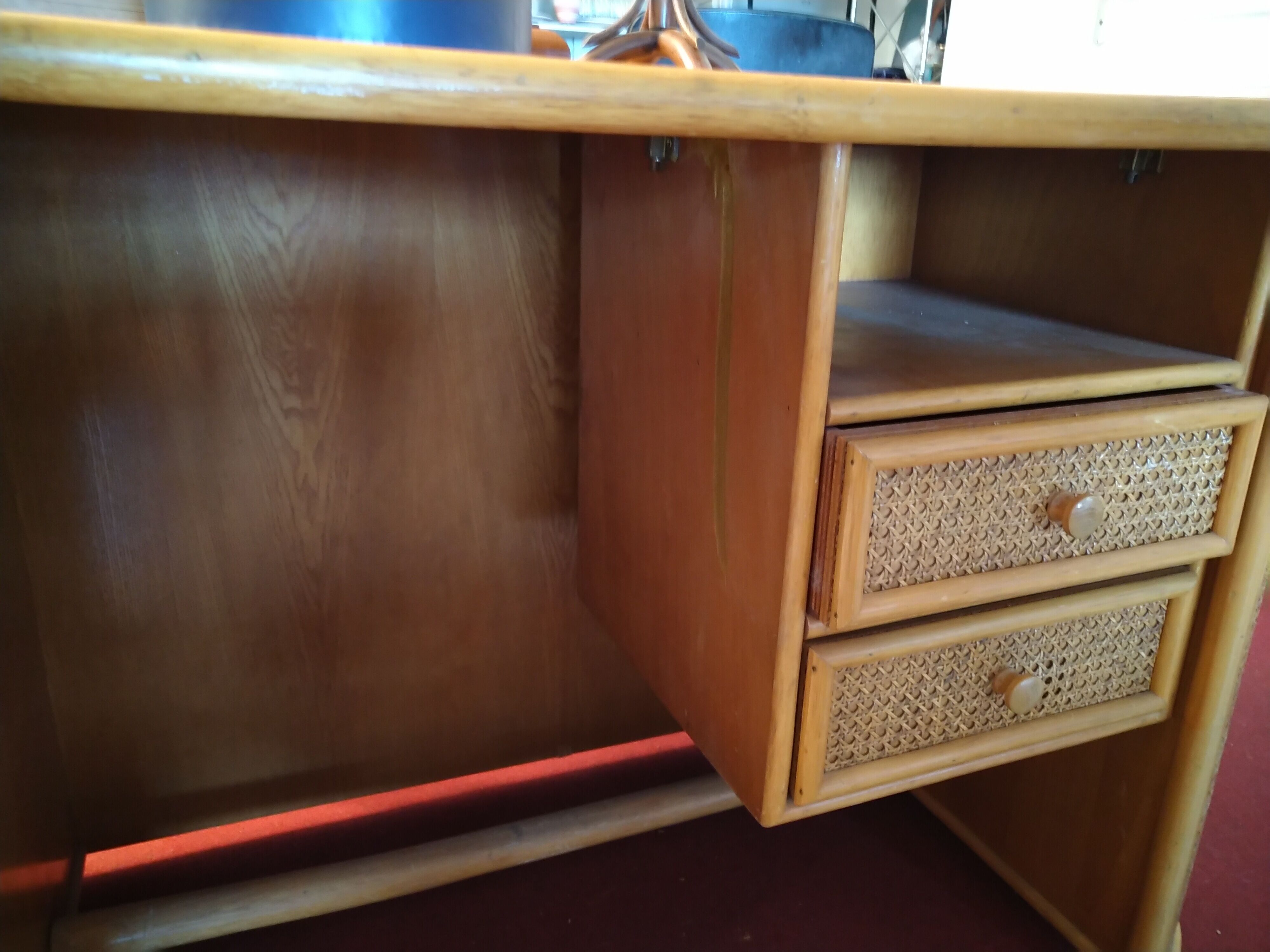 Desk with vintage rattan chair